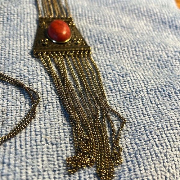 Necklace, brass, orange bead, stone, gold, textured, chain, tassel, and pendant - Picture 2 of 5